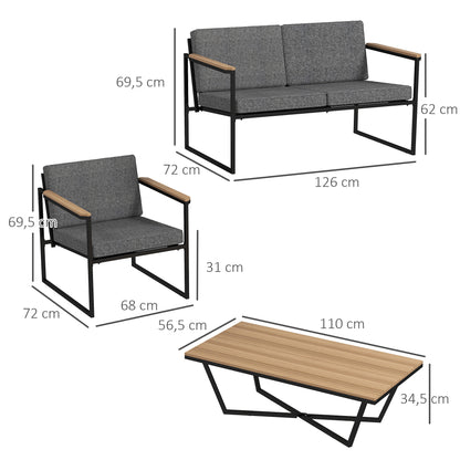 Outsunny 4-persoons tuinmeubelset, weerbestendige balkonmeubelset met 2-zitsbank, 2 stoelen, zitkussens en bijzettafel, grijs