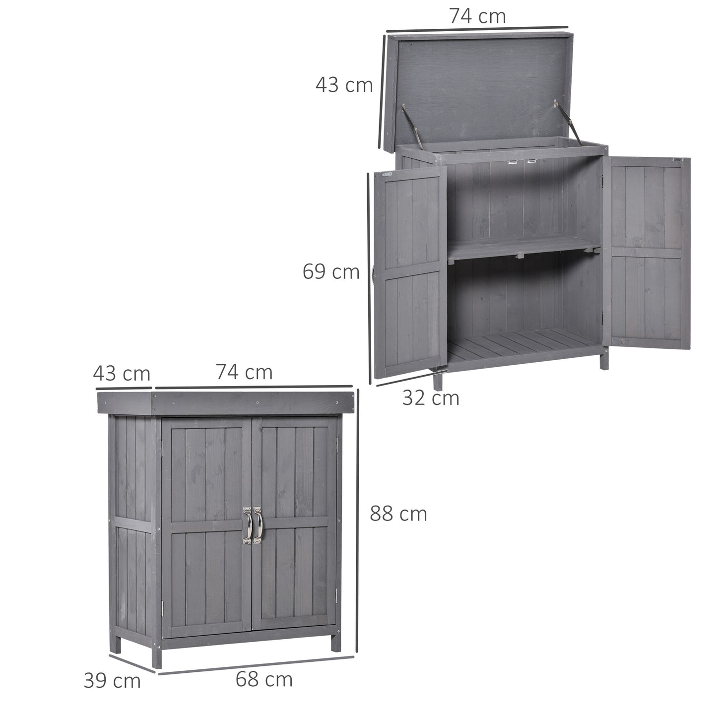 Tuinhuis Outsunny, dubbele deuren, scharnierend deksel, 2 legplanken, weerbestendig, natuurlijk hout, grijs, 74 x 43 x 88 cm