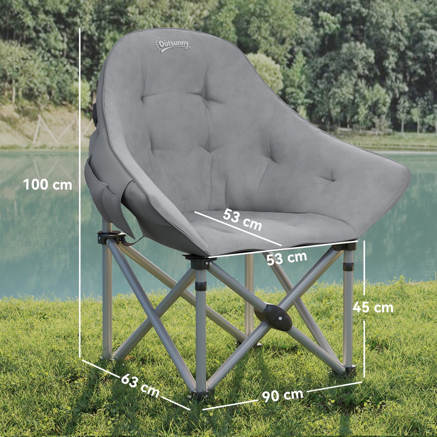Outsunny Klappstuhl, Camping-Klappstuhl mit Seitentasche, gepolsterter Tragetasche, Tragkraft bis 120 kg, dunkelgrau