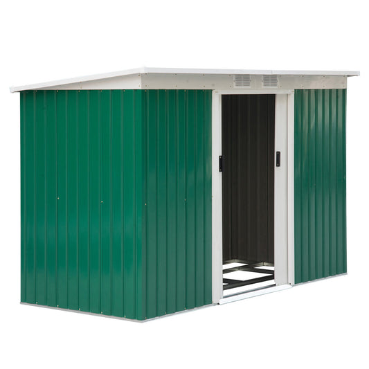 Outsunny Metall-Gartenschuppen 6,3 m³ (280 x 130 x 172 cm) mit Pultdach, Schiebetür, wetterfest, für Garten und Terrasse, anthrazitfarben, dunkelgrün