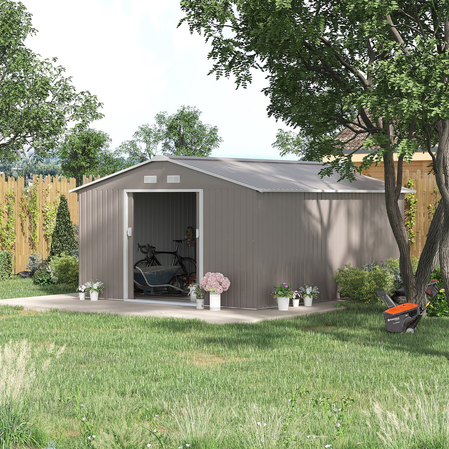 Outsunny tuinhuis, weerbestendig tuinhuis voor tuingereedschap, met ventilatieramen, schuifdeuren, staal, lichtgrijs