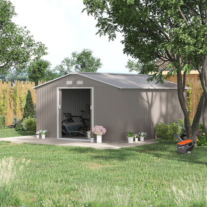 Outsunny tuinhuis, weerbestendig tuinhuis voor tuingereedschap, met ventilatieramen, schuifdeuren, staal, lichtgrijs