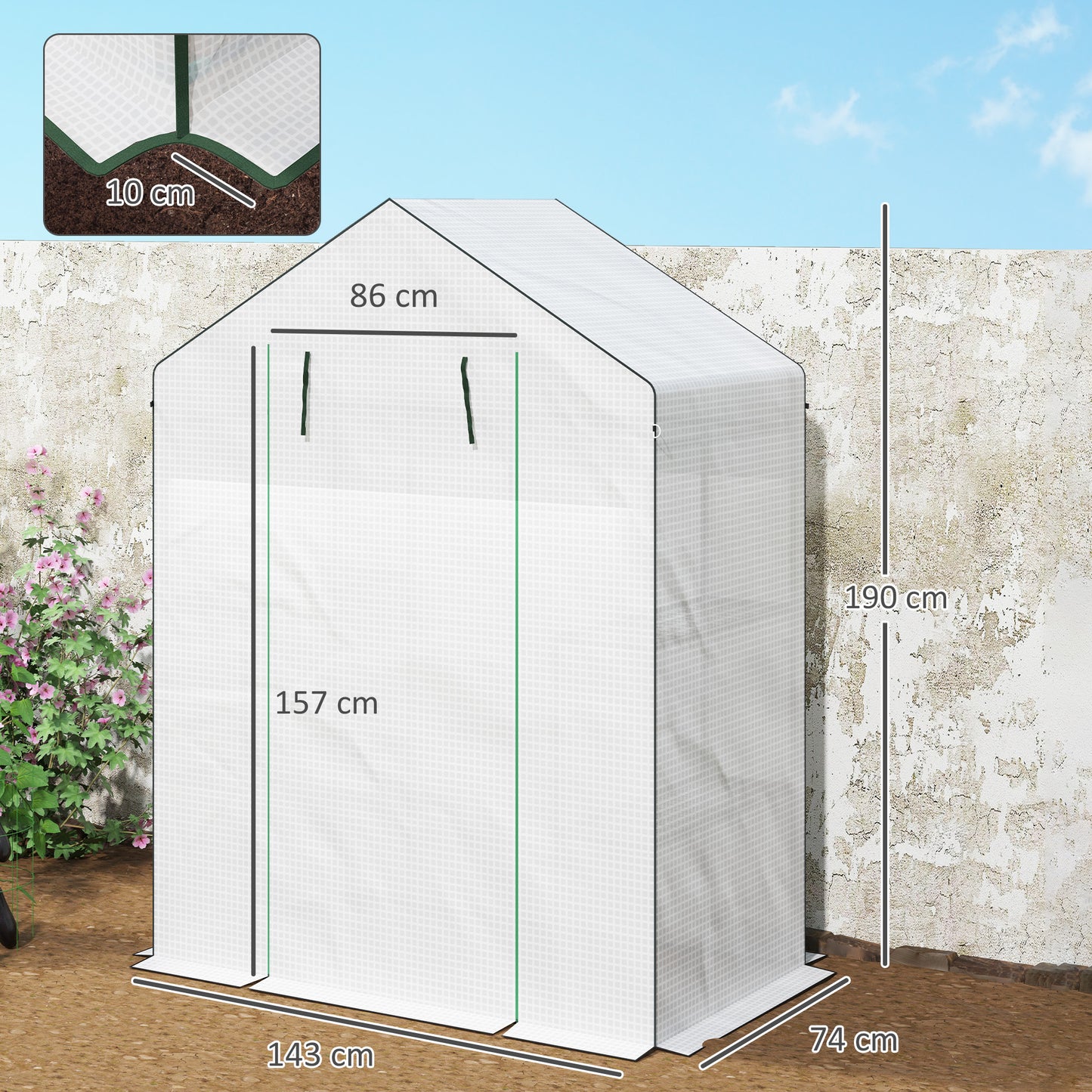Outsunny Kas met planken, mini-kas, uv-bestendig, gaasvenster, ritssluiting, 143L x 74B x 190H cm, wit