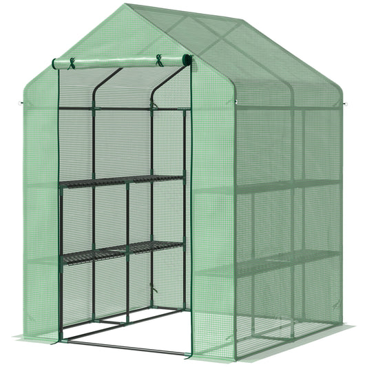 Outsunny Walk-in Greenhouse with 8 shelves, tomato greenhouse, growing tray with door, green, steel and PE plastic, 143 x 138 x 195 cm