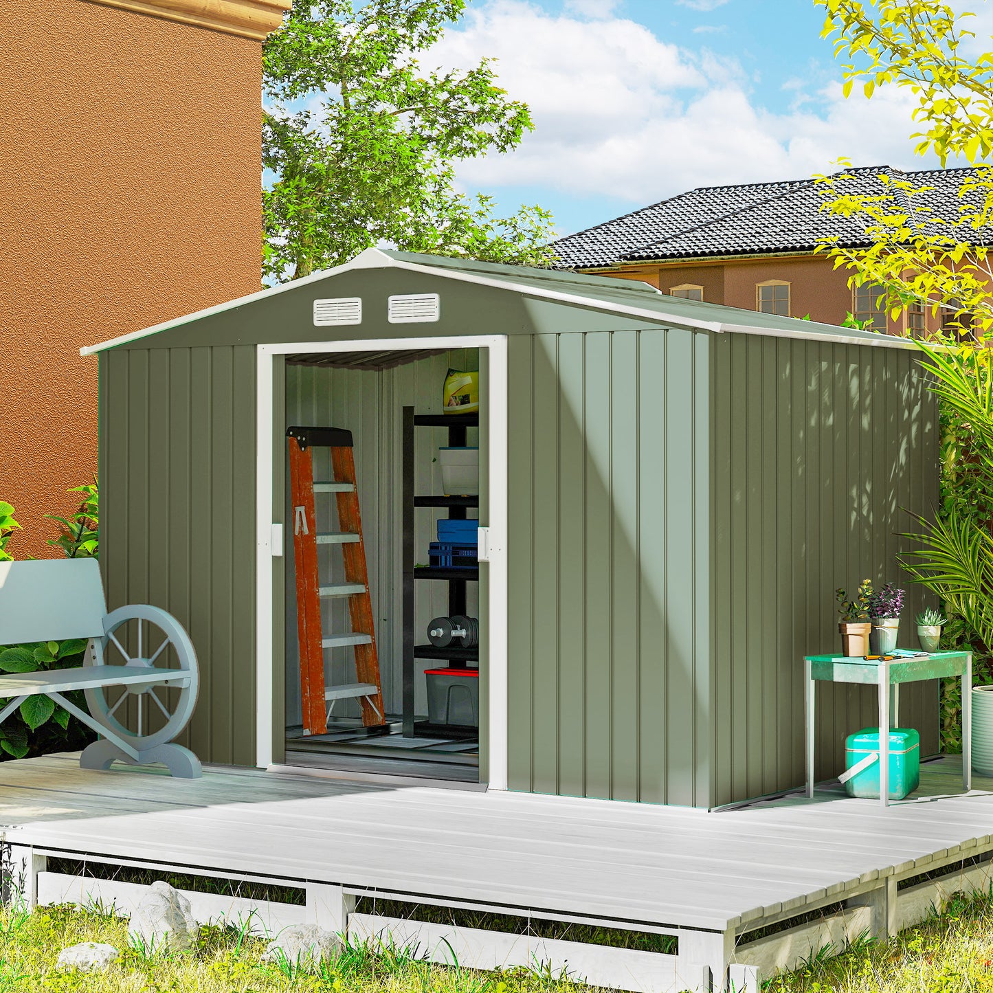 Outsunny Tuinhuis met Schuifdeuren 2,77 x 1,95 x 1,92 cm Metaal Lichtgroen