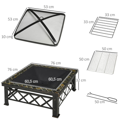 Outsunny 3-in-1 Feuerschale, Feuerkorb mit Funkenschutzgitter, Grillrost, Eisbehälter, Gartengrill, schwarz, 76 cm x 76 cm x 47 cm
