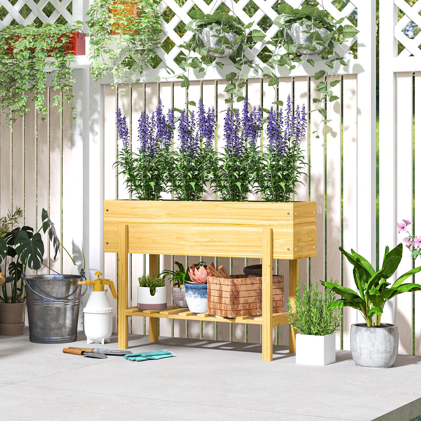 Outsunny bloembak met onderplank, houten plantenbak met fleecevoering en drainagegaten, 100 x 30 x 70,5 cm, natuurlijk hout
