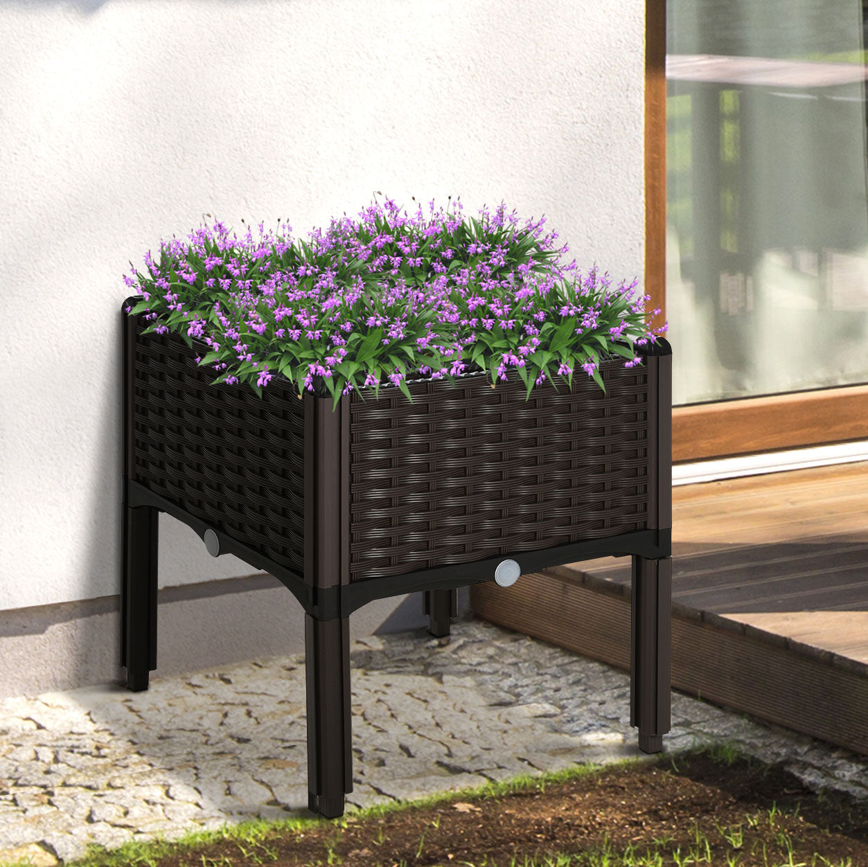 Outsunny Hochbeet, Blumenkasten mit Abflusslöchern, Blumenkasten in Rattanoptik, Kunststoff, Braun, 40 x 40 x 44 cm