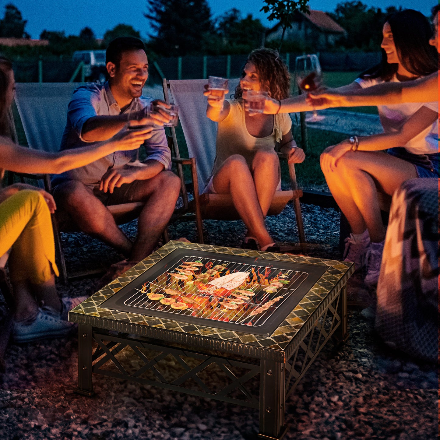 Outsunny 3-in-1 Feuerschale, Feuerkorb mit Funkenschutzgitter, Grillrost, Eisbehälter, Gartengrill, schwarz, 76 cm x 76 cm x 47 cm