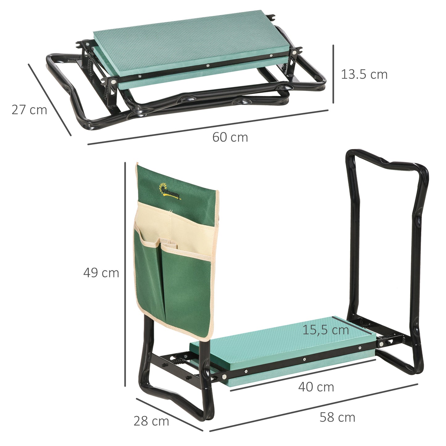 Outsunny Kniebank, klappbarer Gartenhocker, 2-in-1, Kniestütze, mit Werkzeugtasche, EVA-Schaumstoff, 58 x 28 x 49 cm