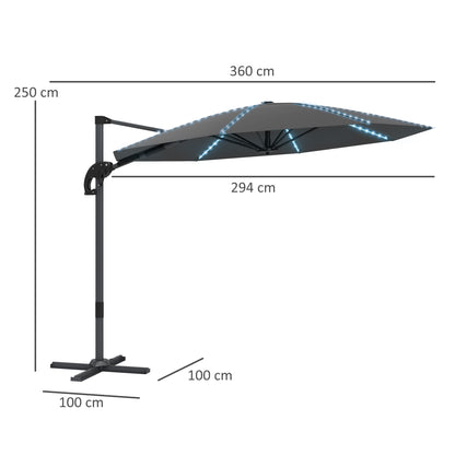Outsunny Aluminium-Freiarm-Sonnenschirm mit LED-Solarbeleuchtung, Ø 300 cm, höhenverstellbar, mit Kurbelständer, UV 50+, Dunkelgrau