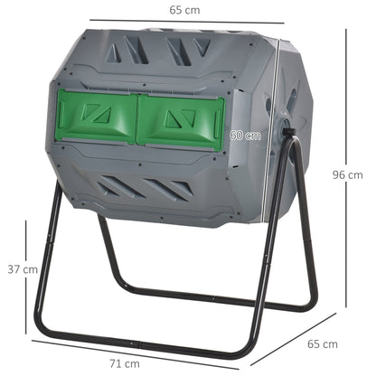 Outsunny compostbak met 2 compartimenten, inhoud 160 liter, draaibaar, 71 cm x 65 cm x 96 cm, grijs + groen + zwart