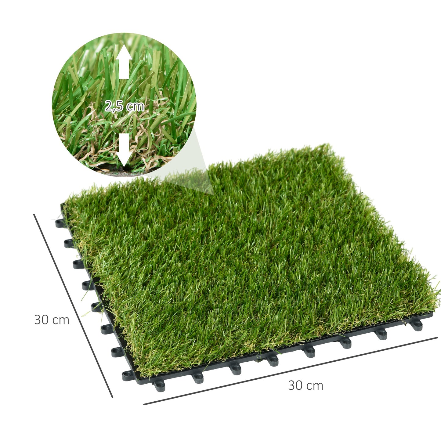 Outsunny Kunstrasen, naturgetreu, mit Drainagefunktion, 6,5 Fasern/m², 25 mm Höhe, 10er-Set (30 x 30 cm), grün