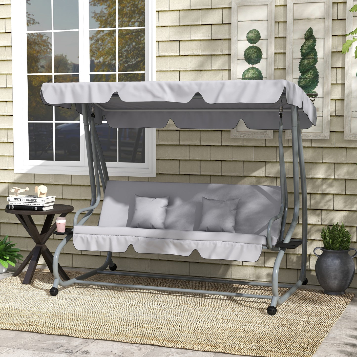 Outsunny 2-in-1 Hollywood schommel met ligfunctie, verstelbare kap, tot 340 kg, staal, 200x120x164 cm, grijs