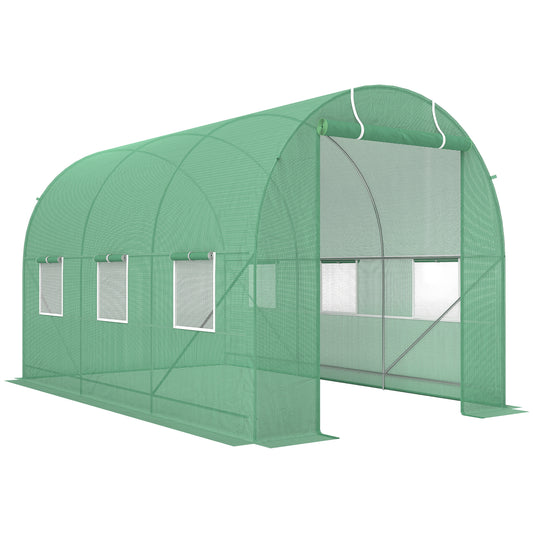 Outsunny Kas 350x200x200cm, Foliekas, Tomatenkas met deur, 6 ramen, Folietunnel van gegalvaniseerd staal, PE, Stevige kasplantentunnel, incl. grondankers en touwen, Groen
