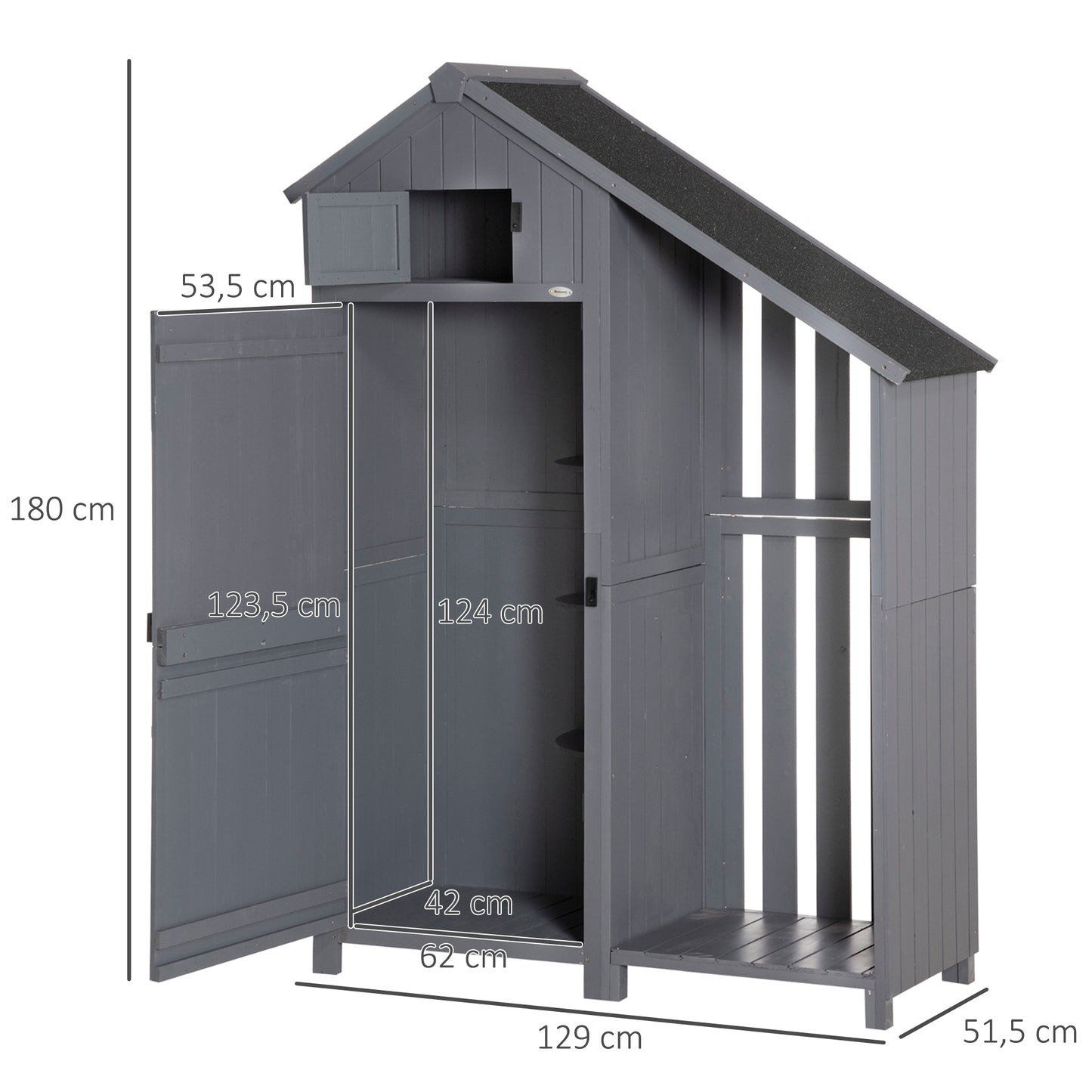 Tuinhuis Outsunny, open brandhoutvak, afsluitbare deur, weerbestendig, natuurlijk hout, 129 x 51,5 x 180 cm, grijs+zwart