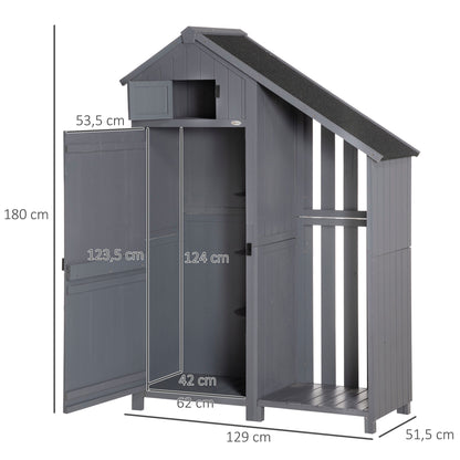 Tuinhuis Outsunny, open brandhoutvak, afsluitbare deur, weerbestendig, natuurlijk hout, 129 x 51,5 x 180 cm, grijs+zwart
