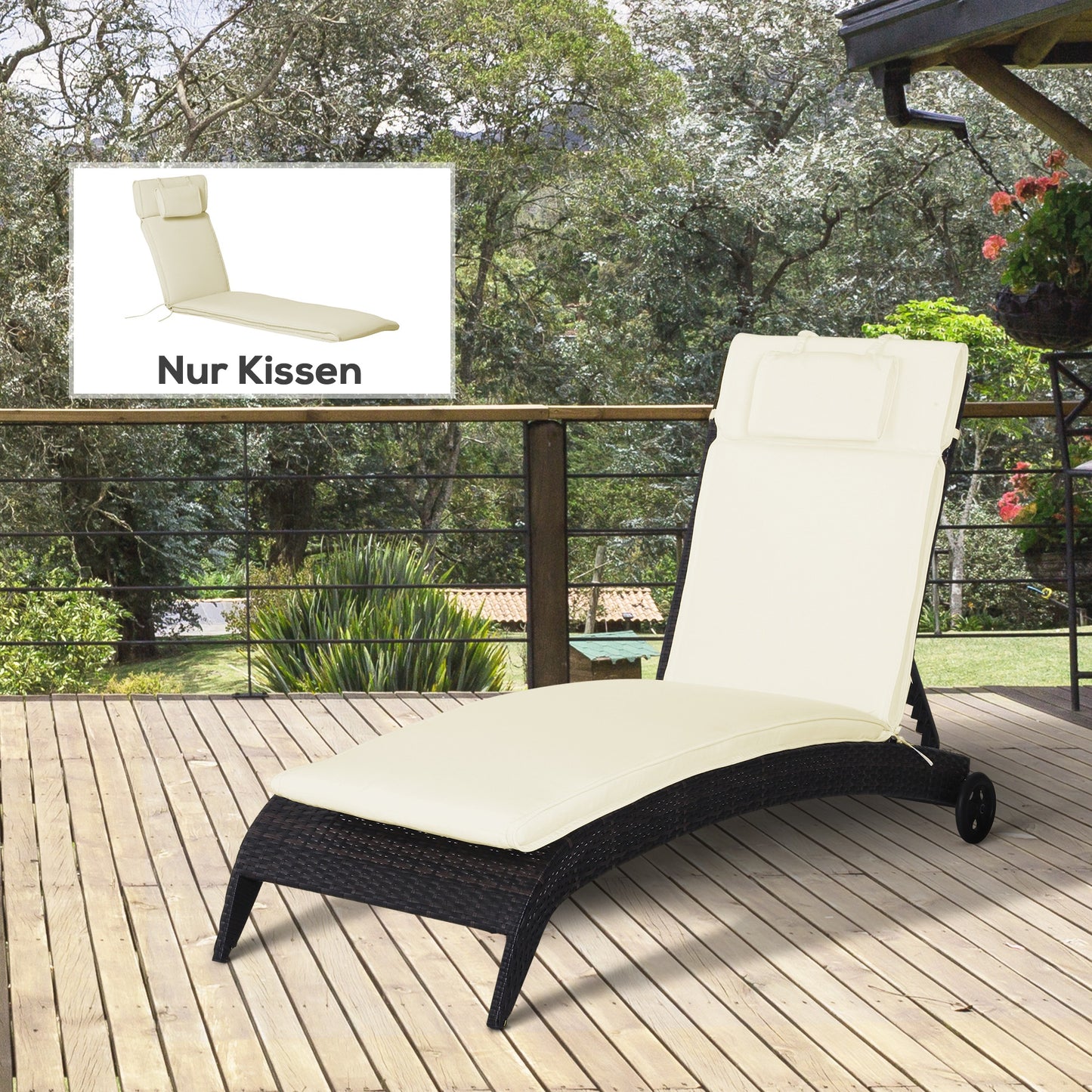 Outsunny Ligstoelkussen, Tuinligstoel met Afneembare Hoofdsteun, Crèmewitte Hoes, 198 x 53 x 5 cm, Alleen Kussen