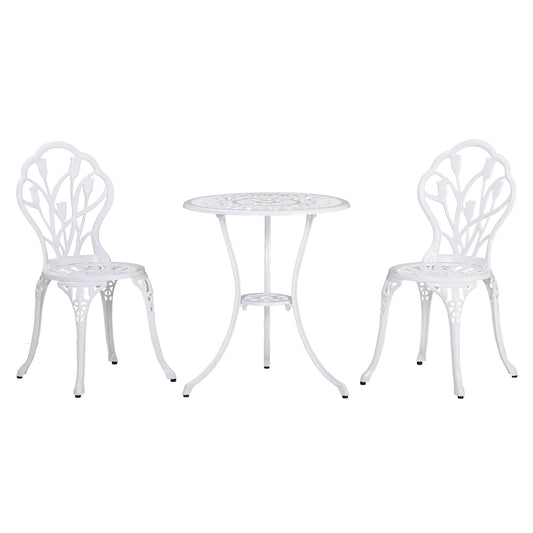 Outsunny 2-Personen-Essgruppe, Gartenmöbelset mit 1 Tisch und 2 Stühlen mit Sonnenschirmloch, Aluminium, weiß