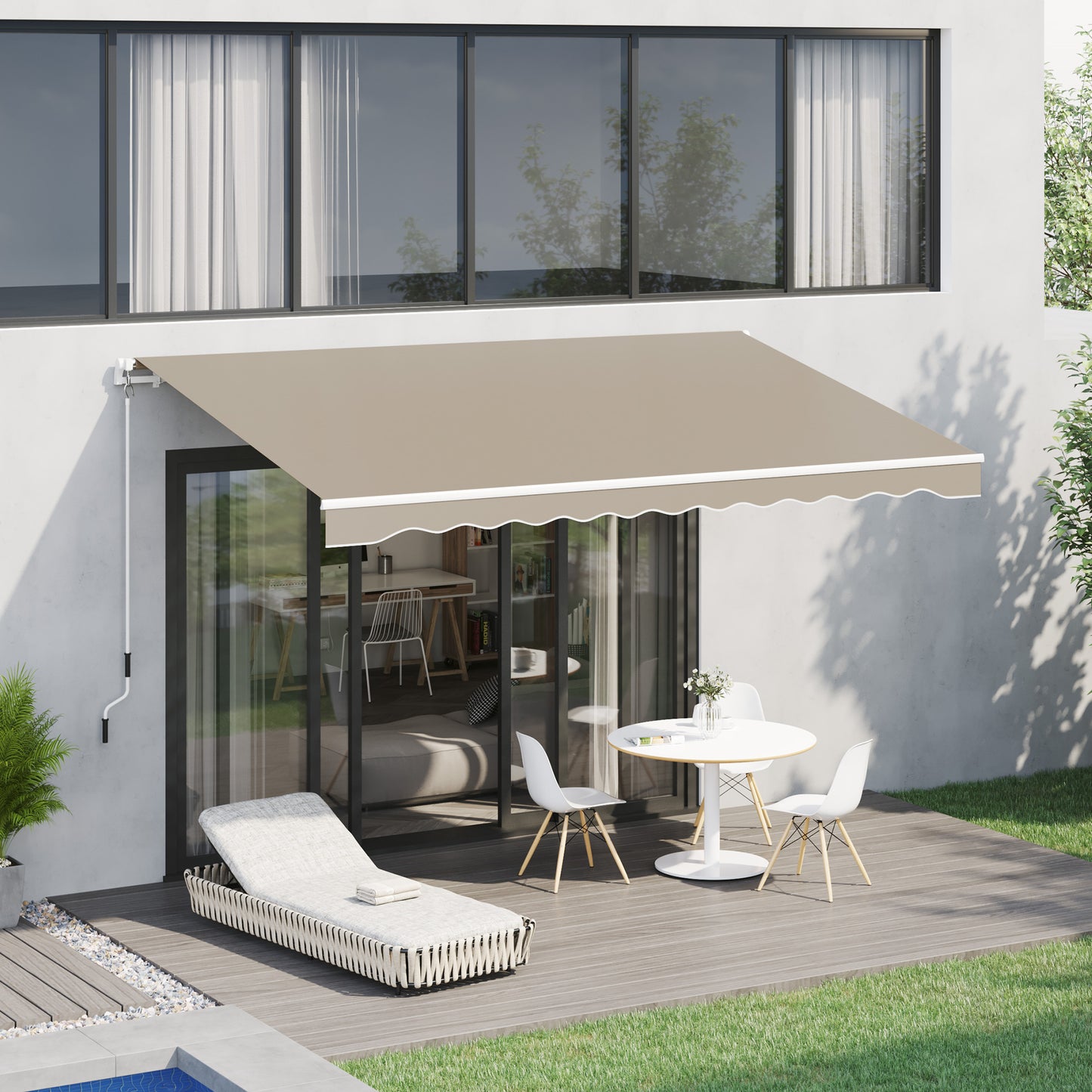 Outsunny zonnescherm, zonnekap, uitschuifbaar, met handzwengel, metalen frame, polyester, wit+beige, 3,95 x 2,45 m