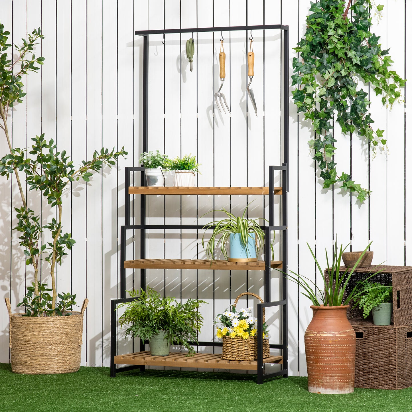 Outsunny 3-laags plantenstandaard met bevestigingshaken, bloemenstandaard van natuurlijk hout, 80 cm x 36 cm x 174 cm, natuurlijk