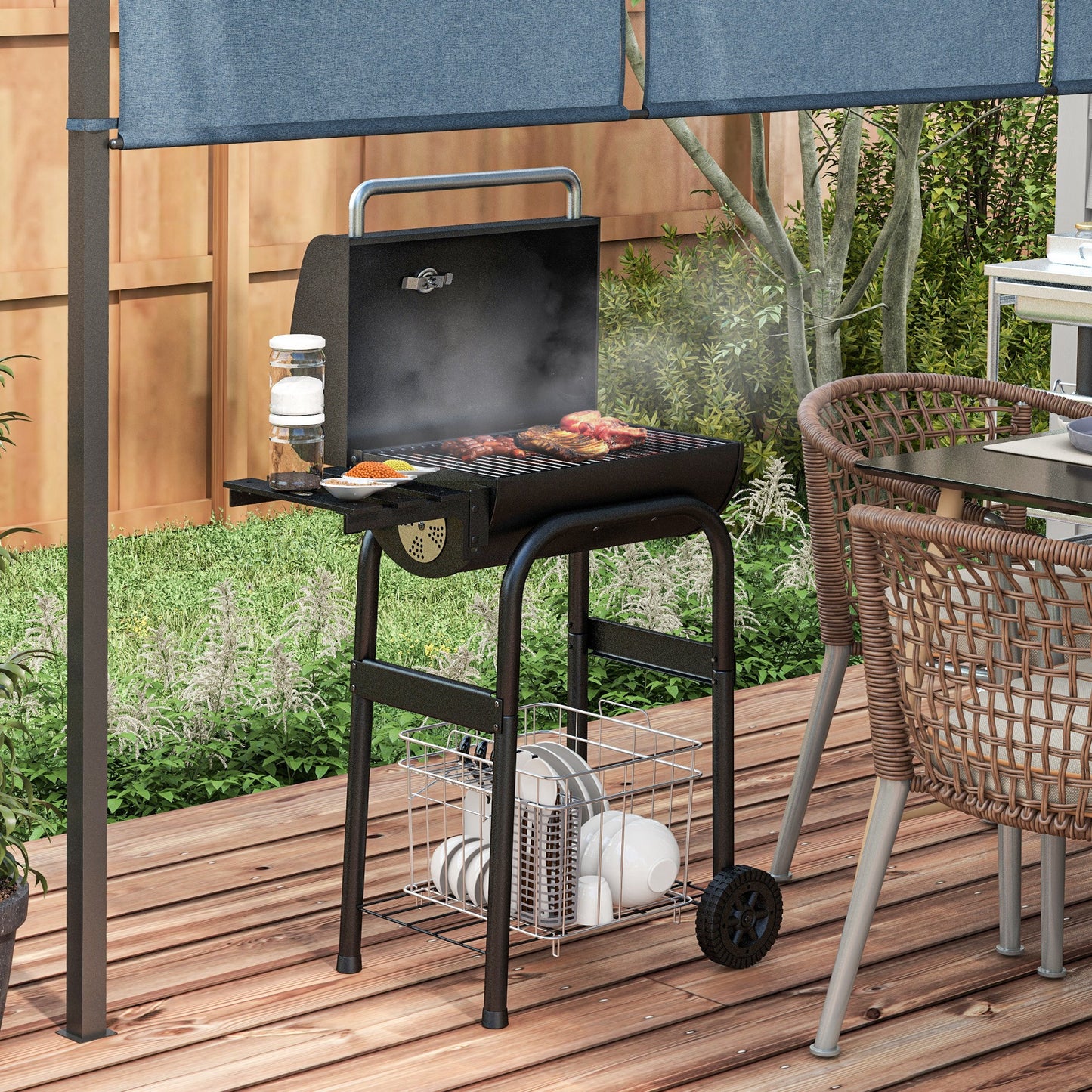 Outsunny Holzkohle-Smoker-Grill, 1 Planke, inkl. Thermometer, 83 x 46,5 x 115 cm, Schwarz