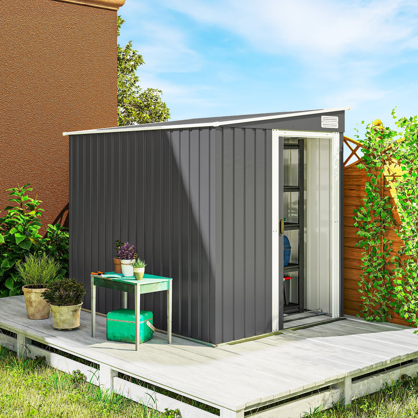 Outsunny metalen tuinhuis 2,81m² 154x206,5x181 cm gereedschapsschuur met lessenaarsdak en fundering