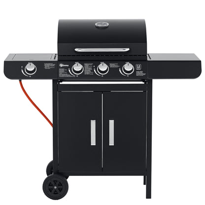 Outsunny gasbarbecue met 3 hoofdbranders + 1 zijbrander, opbergplank, roestvrij staal, zwart, 110 x 50 x 100 cm