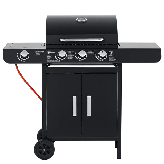 Outsunny gasbarbecue met 3 hoofdbranders + 1 zijbrander, opbergplank, roestvrij staal, zwart, 110 x 50 x 100 cm