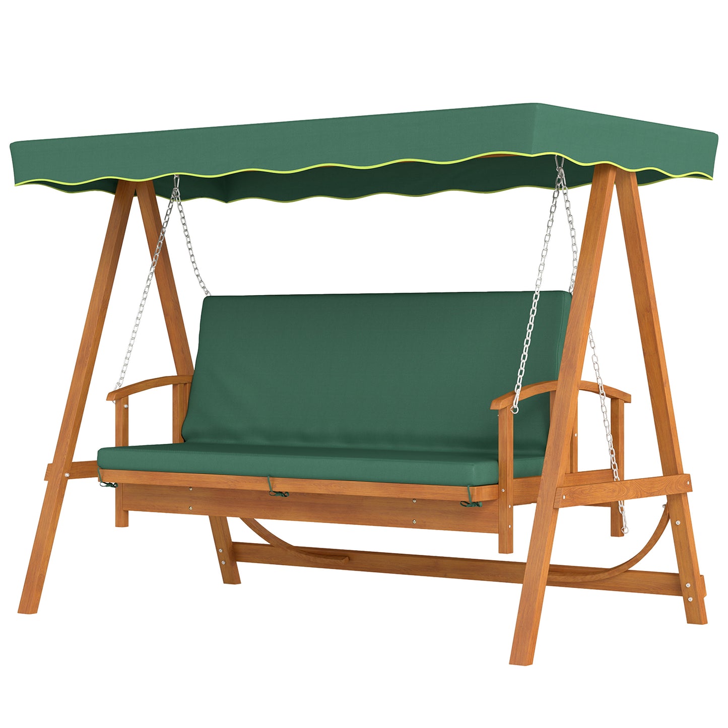 Outsunny Hollywood schommel met zonnekap, echte houten tuinschommel, schommelbank met ligfunctie, voor 3 personen, donkergroen