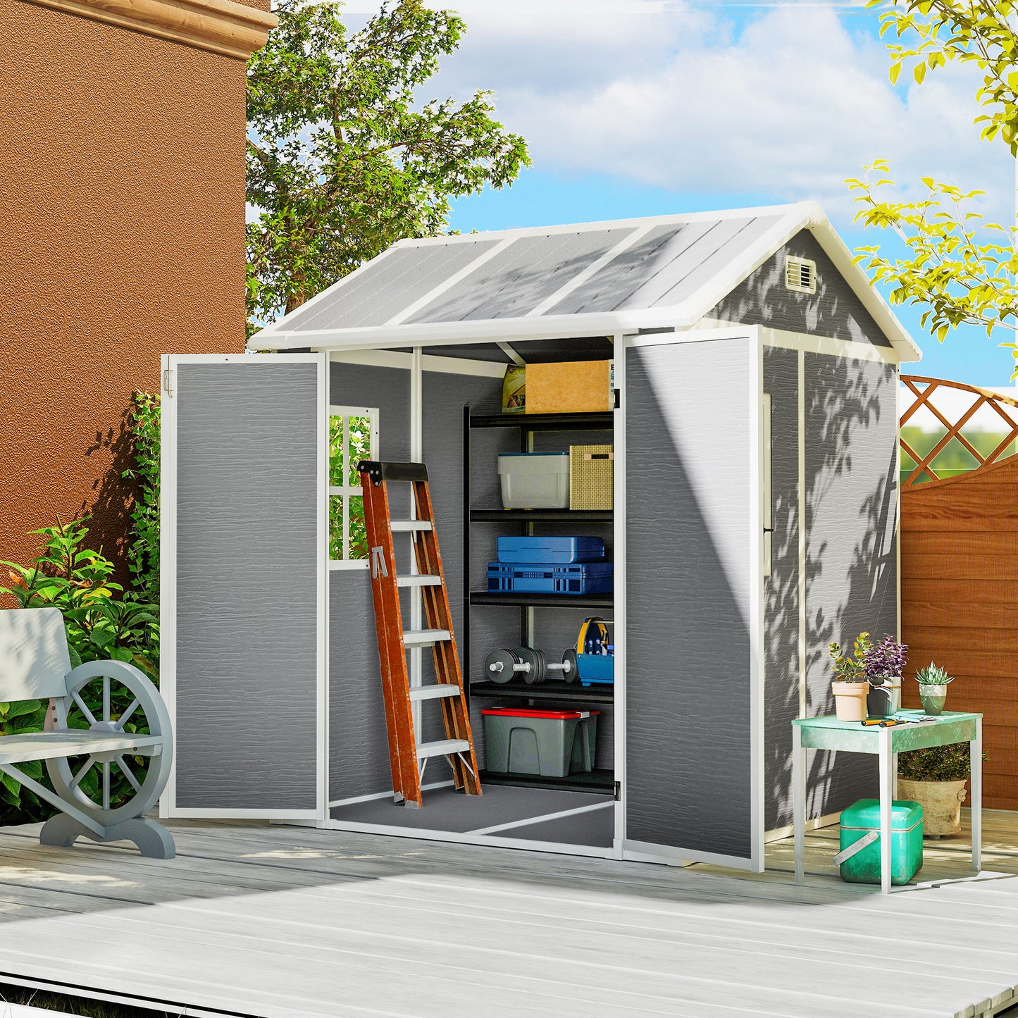 Outsunny tuinhuis, tuinhuis met raam, afsluitbare deur, kunststof, grijs