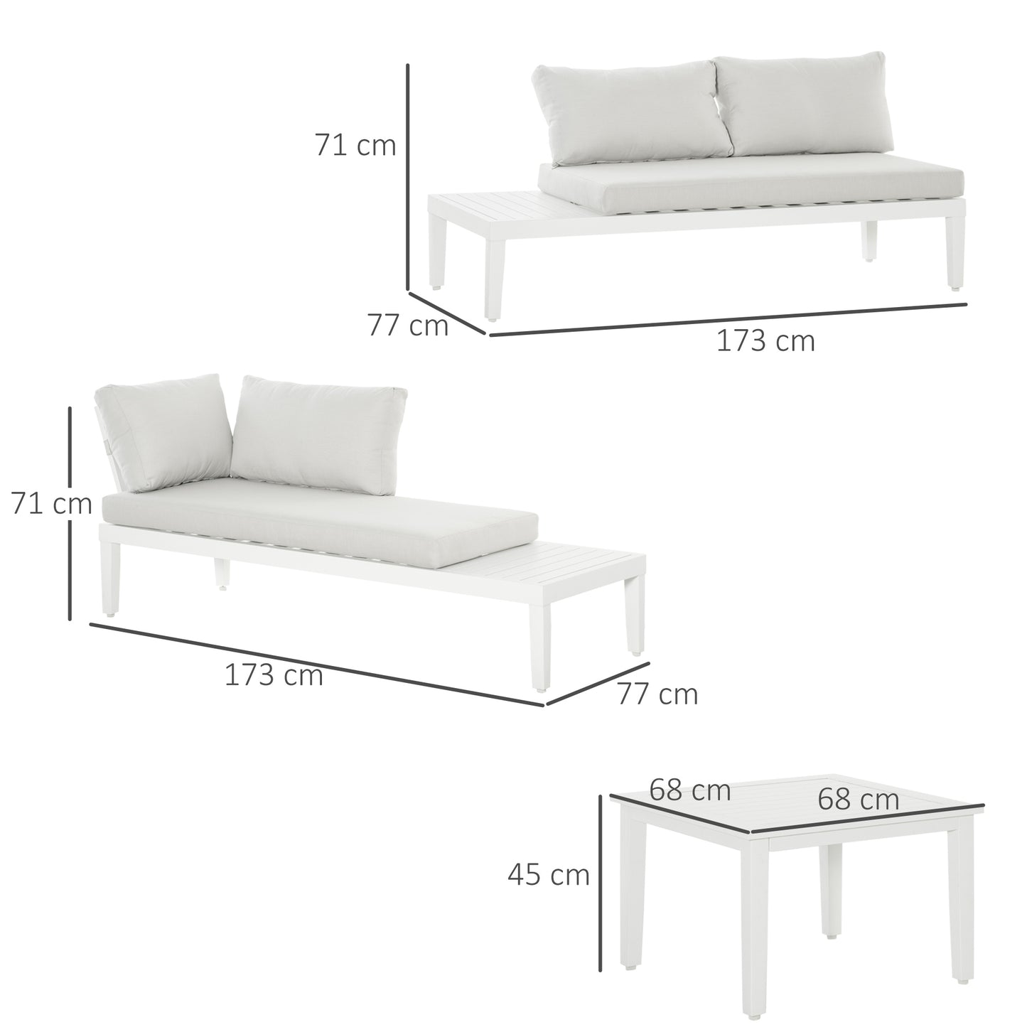 Outsunny 3-Personen-Gartenmöbelset mit Beistelltisch, Bank mit Kissen, L-förmig, für den Außenbereich, Aluminium, cremeweiß