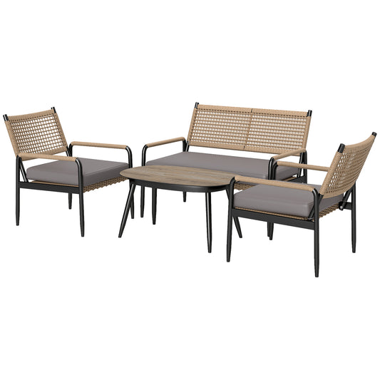 Outsunny Gartenmöbelset aus Poly-Rattan mit Lounge-Set, 2-Sitzer-Sofa, Sessel, Glastisch, Kissen, für 4 Personen, Dunkelgrau + Gelb