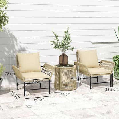Outsunny polyrattan tuinmeubelset, tuinbalkonmeubel voor 2 personen, 3-delige set met 2 stoelen, bijzettafel en zitkussens