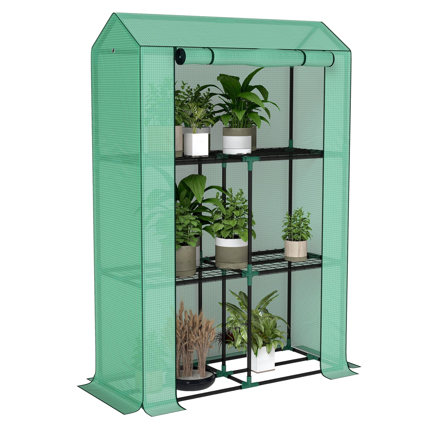 Outsunny kas met 3-laags plank, UV-bestendige kunststof afdekking, roldeur, 100 x 40 x 150 cm, groen