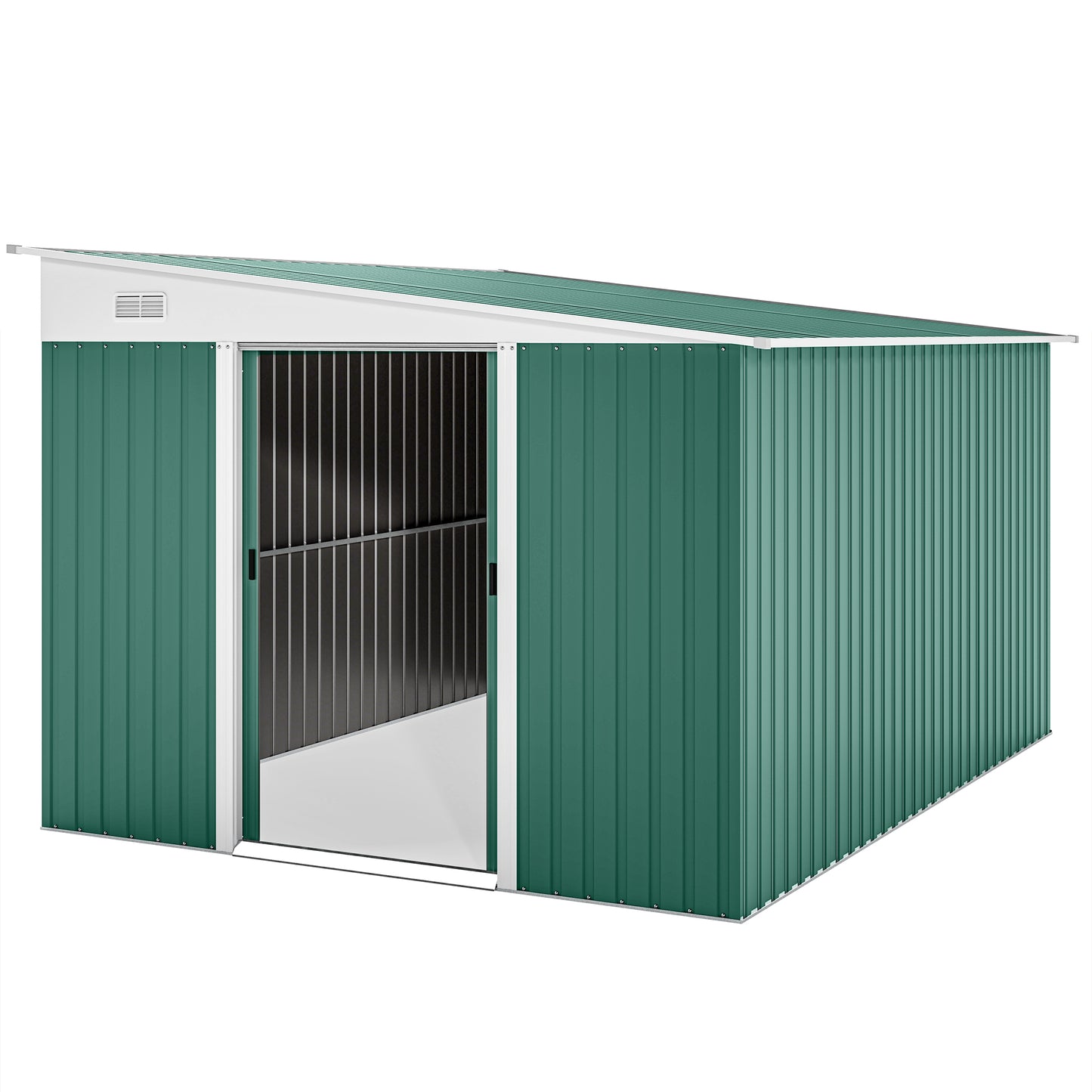 Outsunny metal garden shed, sloping roof, lockable double door, 2.8 x 3.45 x 2.01 m, green