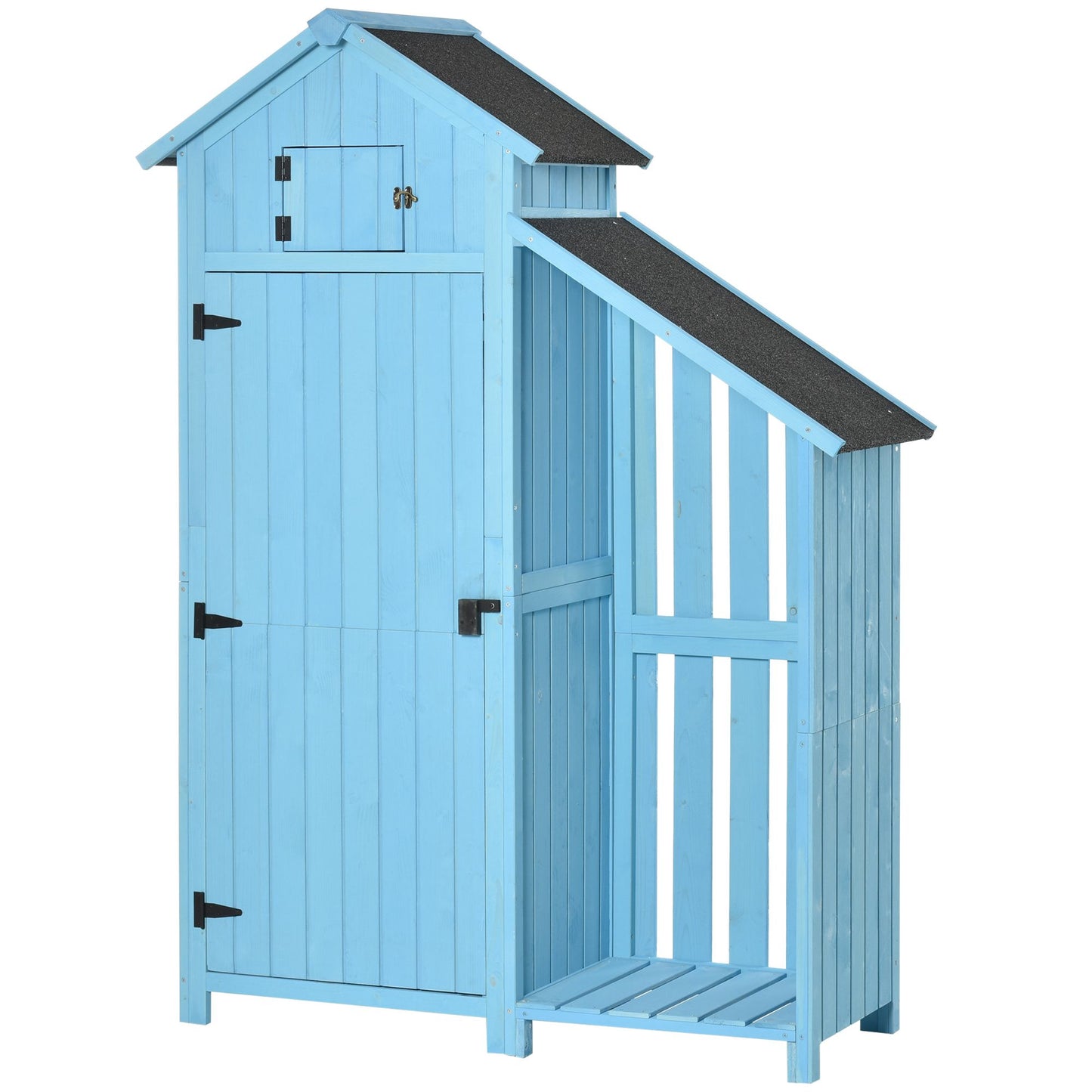 Outsunny tuinhuis met gereedschapsschuur en opslag voor brandhout, 3 planken, asfalt dak, dennenhout, hemelsblauw, 130 x 54,5 x 180 cm