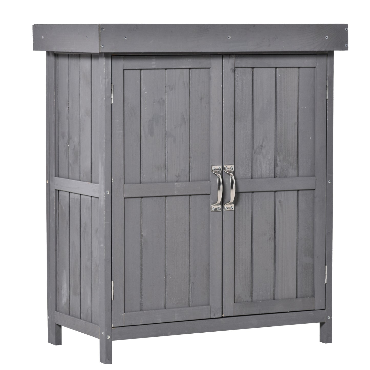 Tuinhuis Outsunny, dubbele deuren, scharnierend deksel, 2 legplanken, weerbestendig, natuurlijk hout, grijs, 74 x 43 x 88 cm