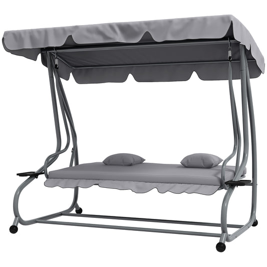 Outsunny 2-in-1 Hollywood-Schaukel mit Liegefunktion, verstellbarem Sonnendach, bis 340 kg, Stahl, 200 x 120 x 164 cm, grau