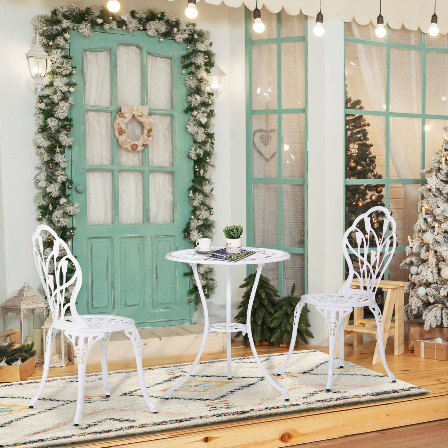Outsunny 2-persoons eethoek, tuinset met 1 tafel en 2 stoelen met parasolgat, aluminium, wit