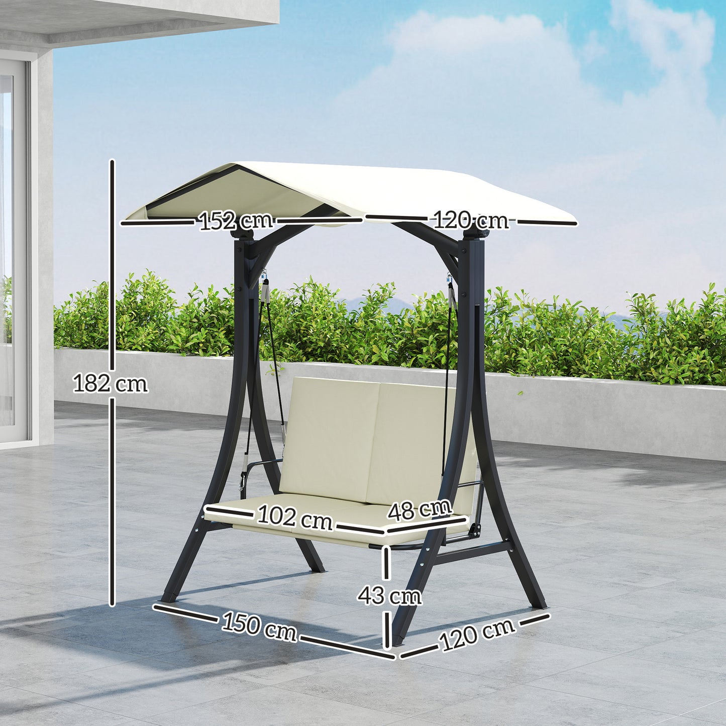 Outsunny Hollywood-Schaukel mit verstellbarem Sonnendach und Sitzkissen, 2-Sitzer bis 220 kg, 150 x 120 x 182 cm, cremeweiß