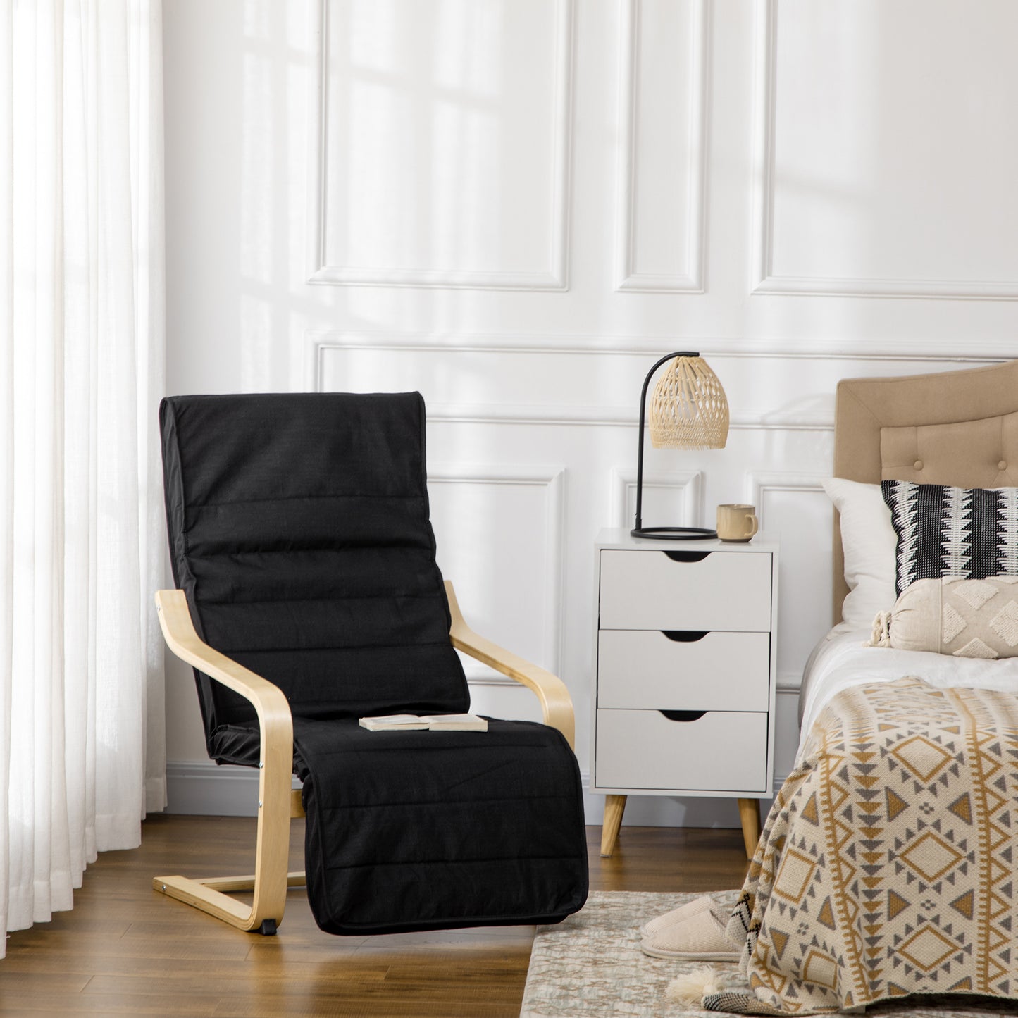 HOMCOM Relaxfauteuil, ligstoel, verstelbare voetensteun, kussen, hout+zwart, 66,5 x 94 x 100 cm