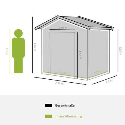 Tuinhuis Outsunny, 2 schuifdeuren, ventilatieraam, basisframe, roestvrij staal, lichtgroen, 2,13 x 1,30 x 1,85 m
