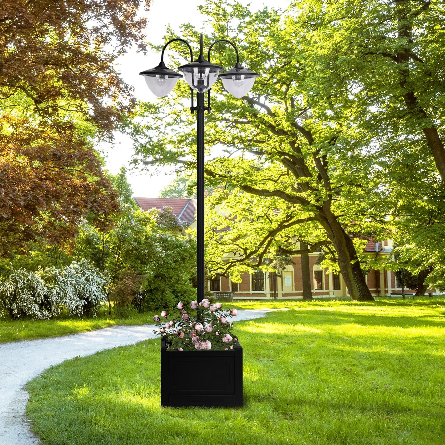 Outsunny Solar-Stehlaterne aus Metall, Gartenlaterne mit Lichtsteuerung, 189 cm hoch, wasserdicht (IP44), mit Blumentopffuß für die Dekoration von Garten und Balkon, schwarz