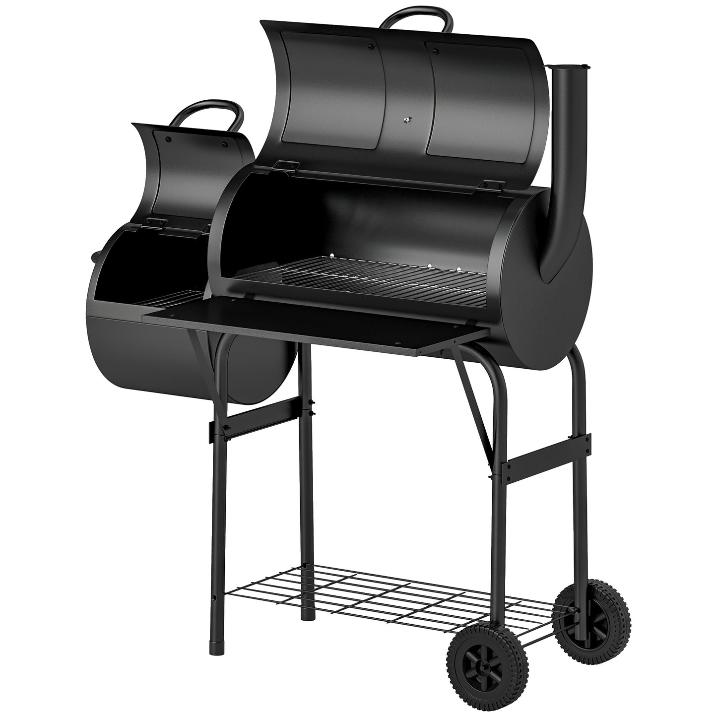 Outsunny Stahl-Holzkohlegrill/Smoker mit Deckel, Thermometer, Rädern, Lufteinlass und Holzkohleschale