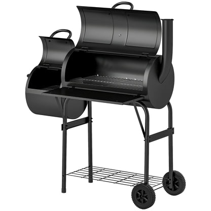 Outsunny Stahl-Holzkohlegrill/Smoker mit Deckel, Thermometer, Rädern, Lufteinlass und Holzkohleschale