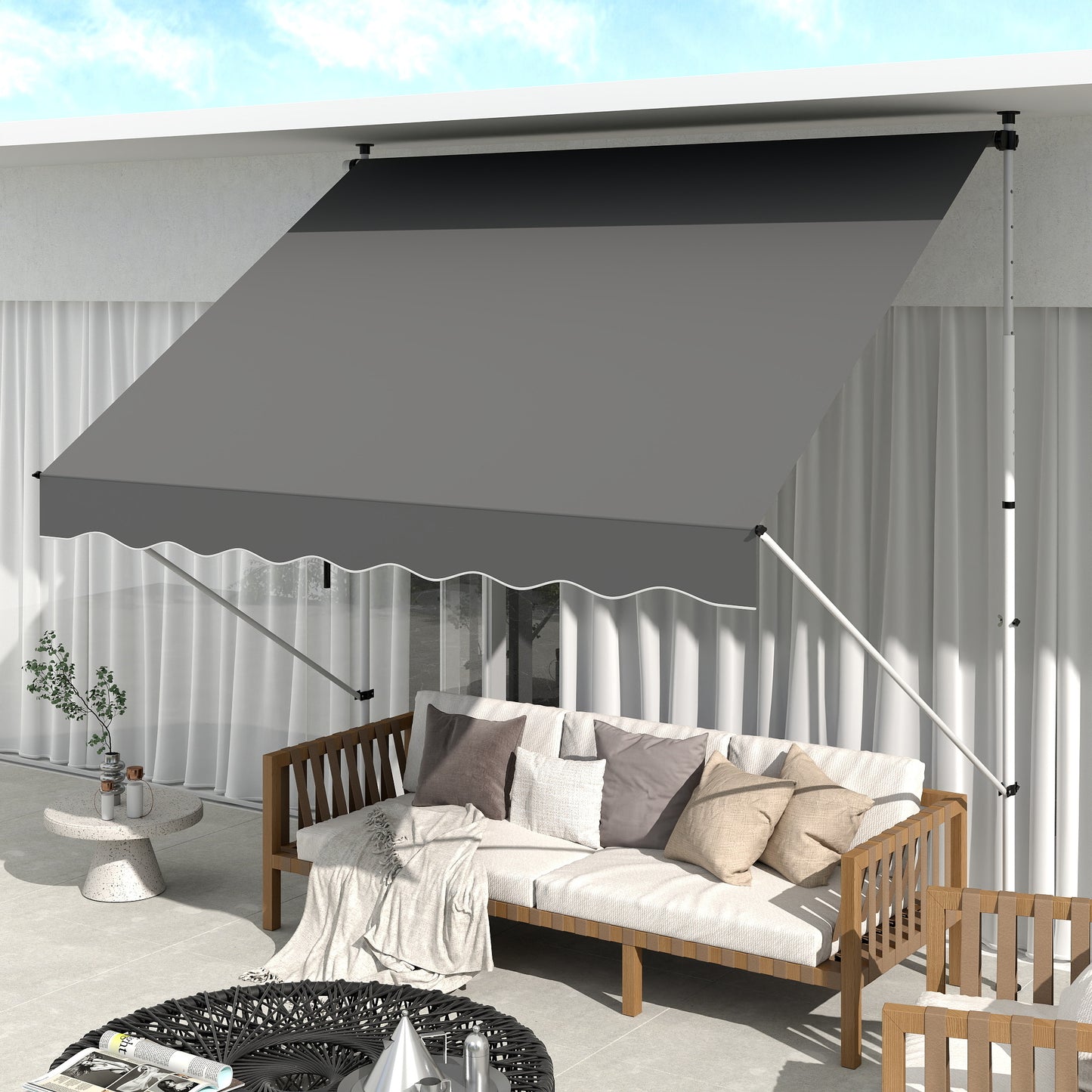 Outsunny klemzonnescherm met handslinger, in hoogte verstelbaar, knikarmzonnescherm, vuilafstotend, weerbestendig, balkonzonnescherm, 150 cm breed, terraszonnescherm voor terras, balkon, veranda, grijs