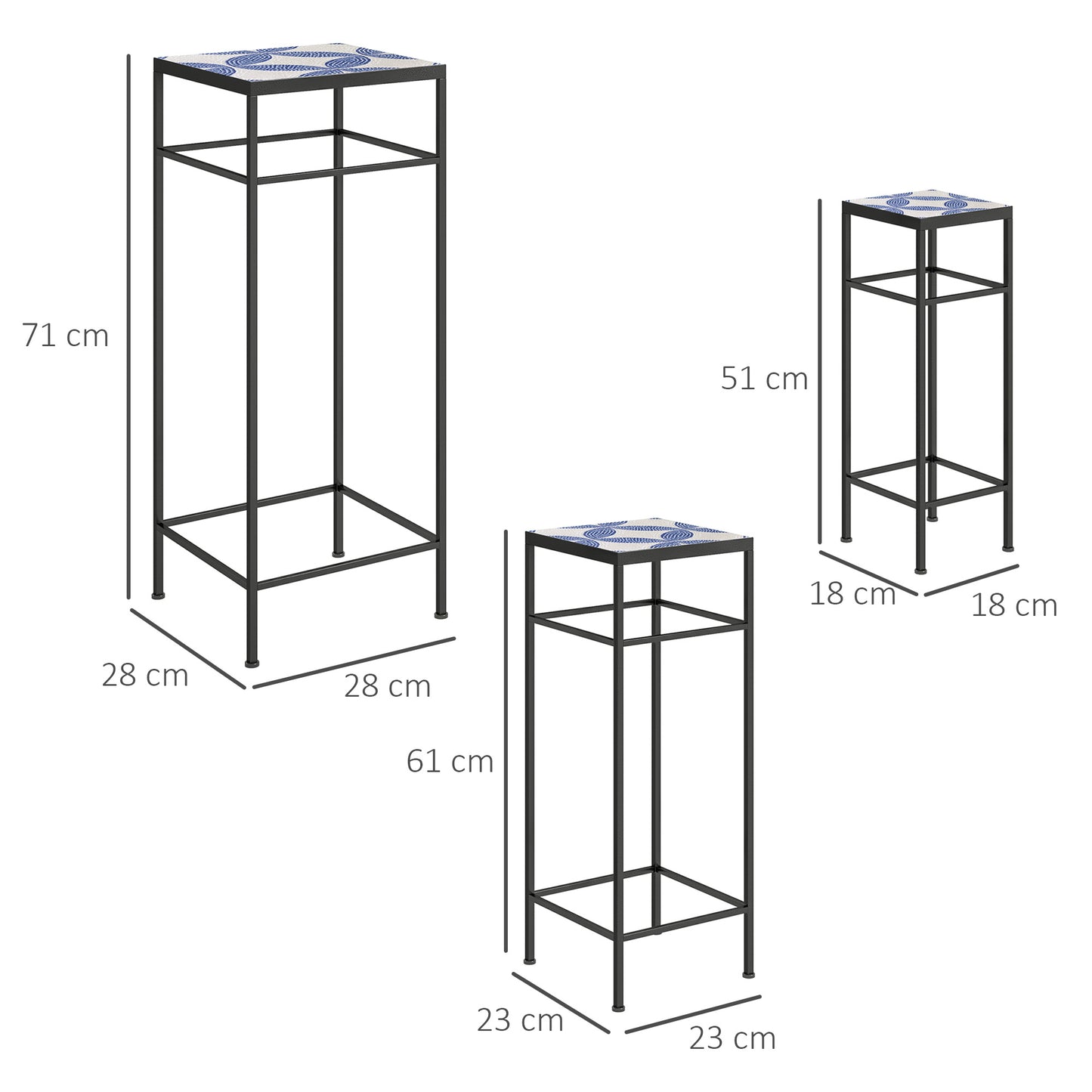 Outsunny 3-delige set plantenstandaards, 3 verschillende formaten standaards voor het tentoonstellen van bloemen en andere artikelen, blauw en wit