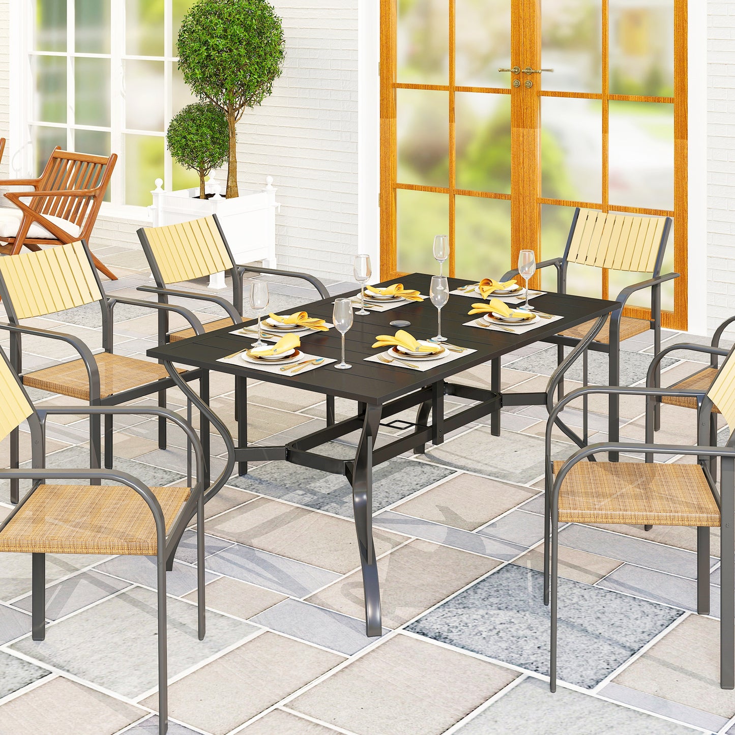 Outsunny Tuintafel Staal 150x90 cm Weerbestendige Balkontafel met Parasolgat, Lattenbodem voor 6 Personen Zwart