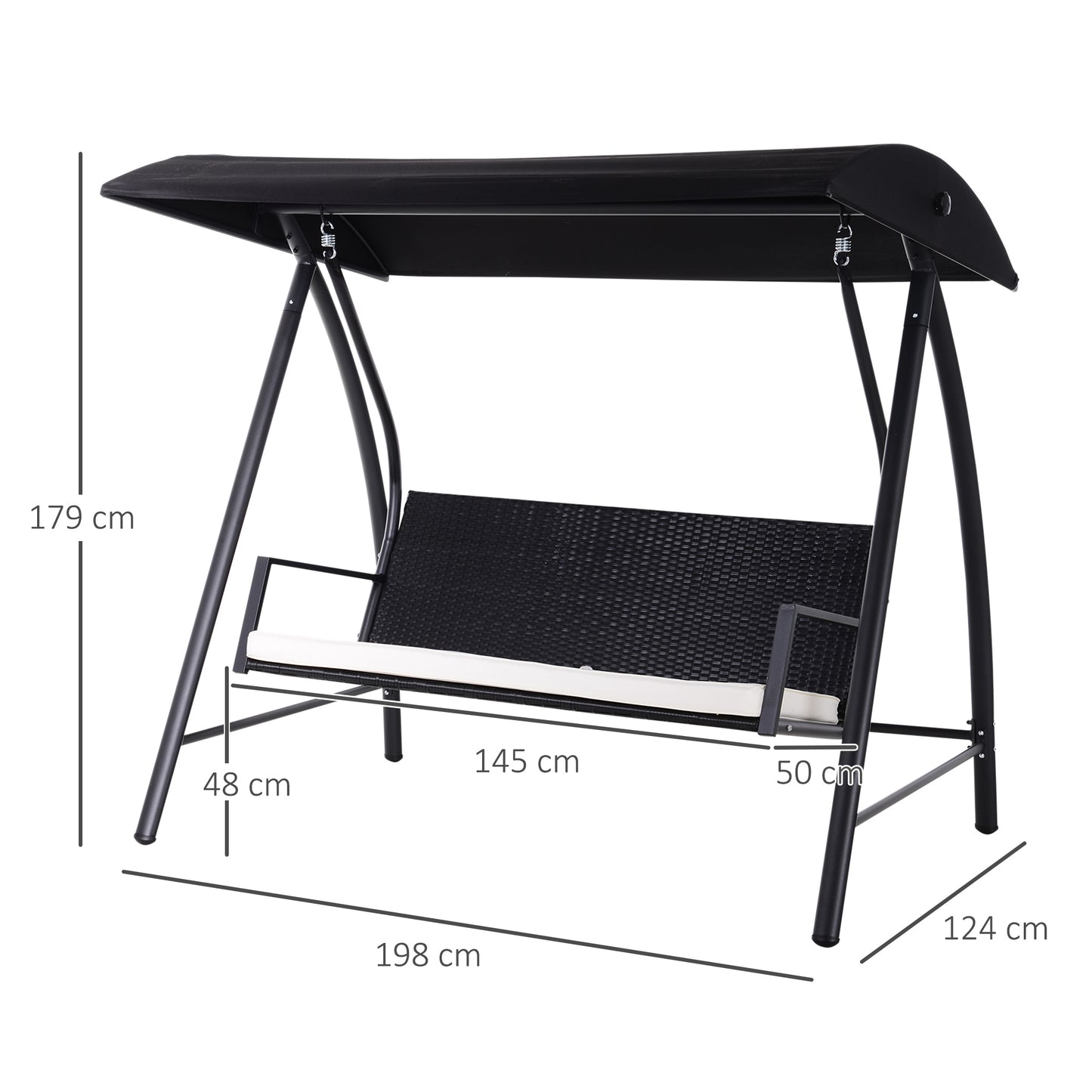 Outsunny 3-Sitzer-Gartenschaukel aus Polyrattan mit verstellbarem Sonnendach, Sonnenschutz, Sitzkissen und Hängebank, Tragkraft bis 360 kg, Maße: 198 x 124 x 179 cm, Farbe: Schwarz
